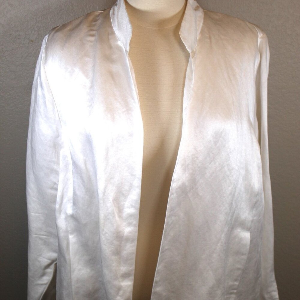 Eileen Fisher Women's Collared Frost white Organic Linen Silk Satin Jacket  Lg